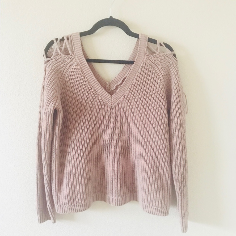 Lace Up Cold Shoulder V Neck Sweater LA Hearts